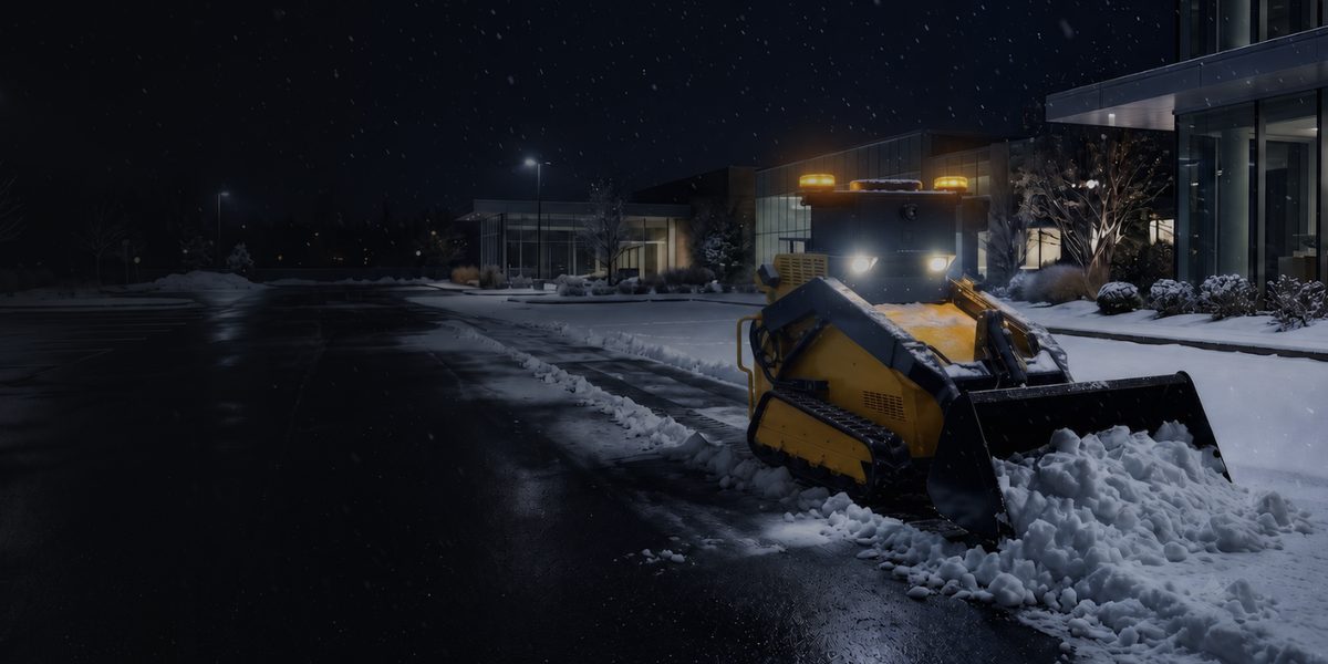 Snowbotix SMUR-X1 clearing snow with a plow at a commercial site at night